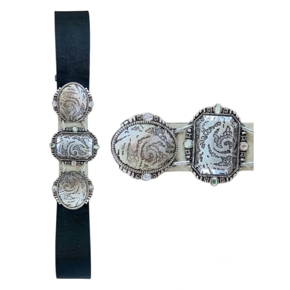 Chico's Boho Western Medallion Wide Leather Belt Black/Silver - Size M/L